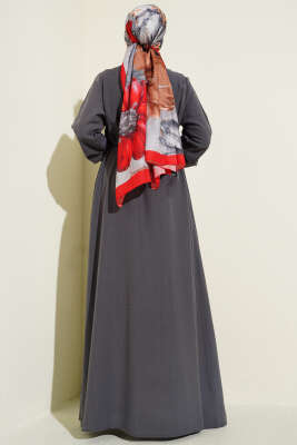 Önü Nervürlü Brit Düğmeli Elbise Füme - Elbise