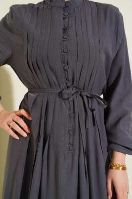 Önü Nervürlü Brit Düğmeli Elbise Füme - Elbise