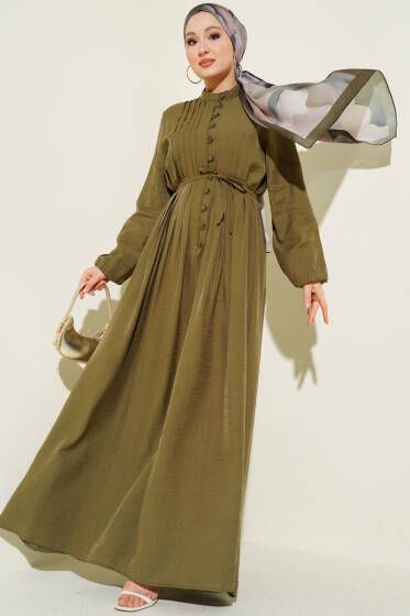 Önü Nervürlü Brit Düğmeli Elbise Haki - Elbise