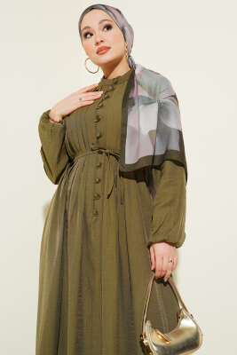 Önü Nervürlü Brit Düğmeli Elbise Haki - Elbise