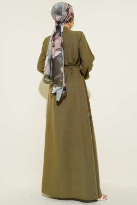 Önü Nervürlü Brit Düğmeli Elbise Haki - Elbise