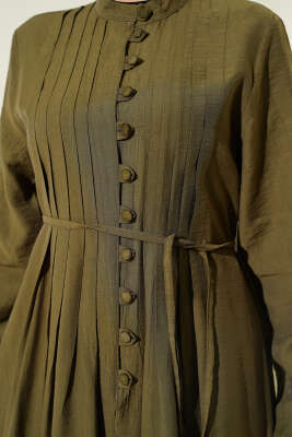 Önü Nervürlü Brit Düğmeli Elbise Haki - Elbise