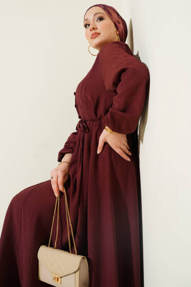 Önü Nervürlü Brit Düğmeli Elbise Kahve - Elbise