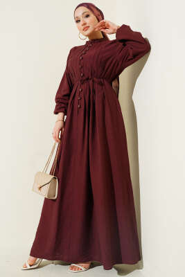 Önü Nervürlü Brit Düğmeli Elbise Kahve - Elbise