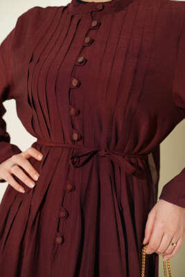 Önü Nervürlü Brit Düğmeli Elbise Kahve - Elbise