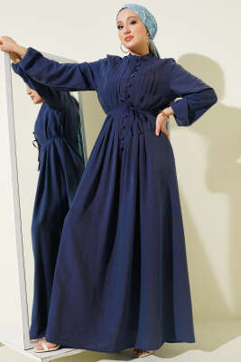 Önü Nervürlü Brit Düğmeli Elbise Lacivert - ASMİN