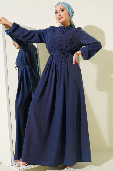 Önü Nervürlü Brit Düğmeli Elbise Lacivert - Elbise