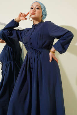 Önü Nervürlü Brit Düğmeli Elbise Lacivert - Elbise