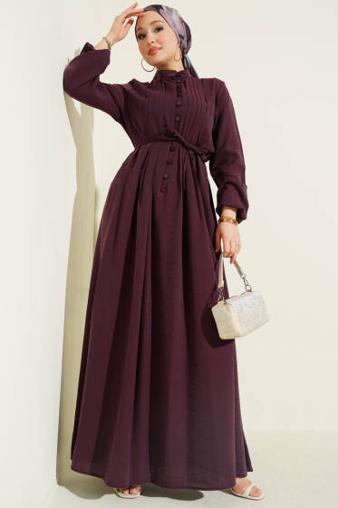 Önü Nervürlü Brit Düğmeli Elbise Mürdüm - Elbise