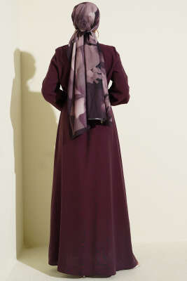 Önü Nervürlü Brit Düğmeli Elbise Mürdüm - Elbise