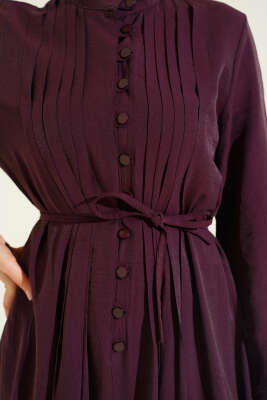 Önü Nervürlü Brit Düğmeli Elbise Mürdüm - Elbise