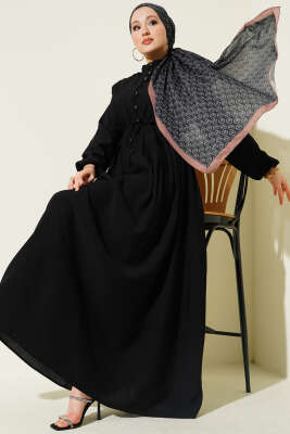 Önü Nervürlü Brit Düğmeli Elbise Siyah - ASMİN