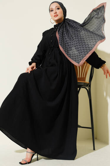 Önü Nervürlü Brit Düğmeli Elbise Siyah - Elbise
