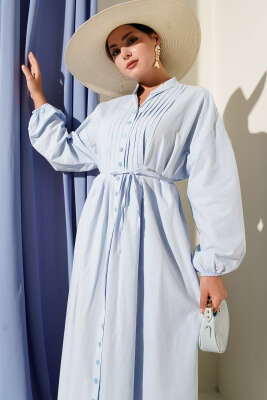 Önü Nervürlü İp Kuşaklı Elbise Bebe Mavi - Tesettür Elbise