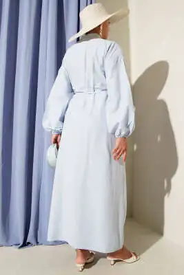 Önü Nervürlü İp Kuşaklı Elbise Bebe Mavi - Tesettür Elbise