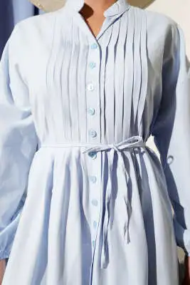 Önü Nervürlü İp Kuşaklı Elbise Bebe Mavi - Tesettür Elbise