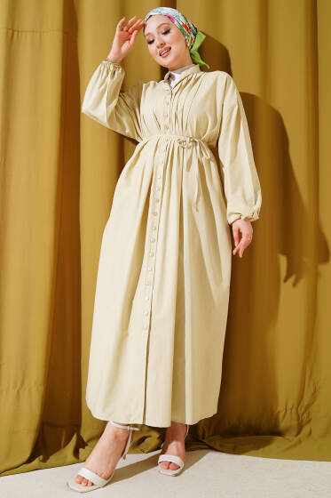 Önü Nervürlü İp Kuşaklı Elbise Bej - Elbise