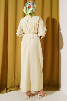 Önü Nervürlü İp Kuşaklı Elbise Bej - Tesettür Elbise