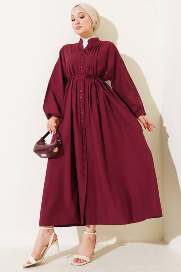 Önü Nervürlü İp Kuşaklı Elbise Bordo - Elbise
