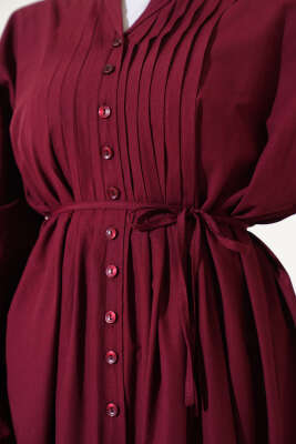 Önü Nervürlü İp Kuşaklı Elbise Bordo - Tesettür Elbise