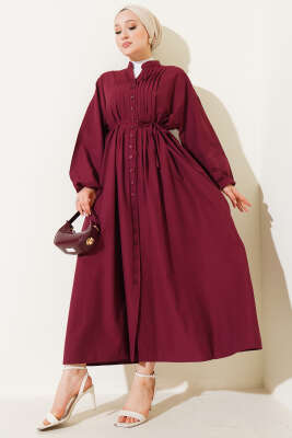 Önü Nervürlü İp Kuşaklı Elbise Bordo 