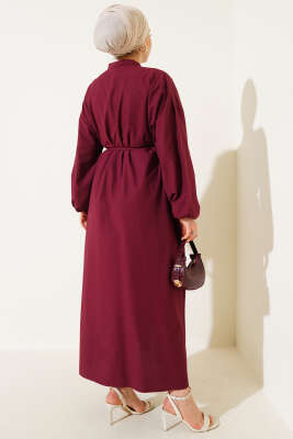 Önü Nervürlü İp Kuşaklı Elbise Bordo - Tesettür Elbise
