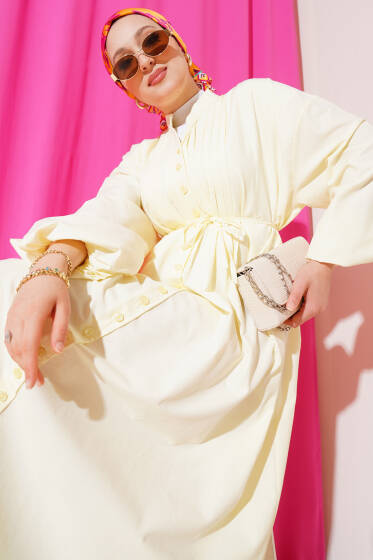 Önü Nervürlü İp Kuşaklı Elbise Lime - Elbise