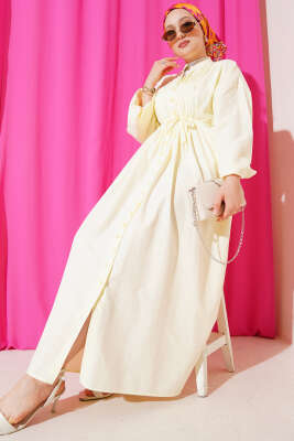 Önü Nervürlü İp Kuşaklı Elbise Lime - Tesettür Elbise