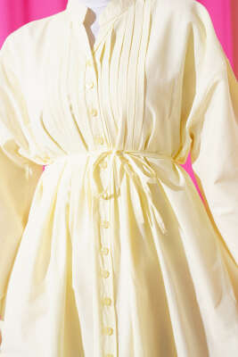 Önü Nervürlü İp Kuşaklı Elbise Lime - Tesettür Elbise