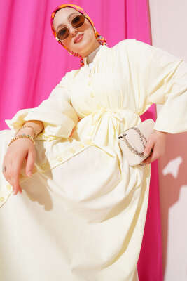 Önü Nervürlü İp Kuşaklı Elbise Lime 