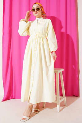 Önü Nervürlü İp Kuşaklı Elbise Lime - Tesettür Elbise