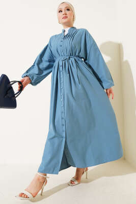 Önü Nervürlü İp Kuşaklı Elbise Mavi 