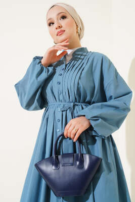 Önü Nervürlü İp Kuşaklı Elbise Mavi - Tesettür Elbise