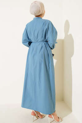 Önü Nervürlü İp Kuşaklı Elbise Mavi - Tesettür Elbise