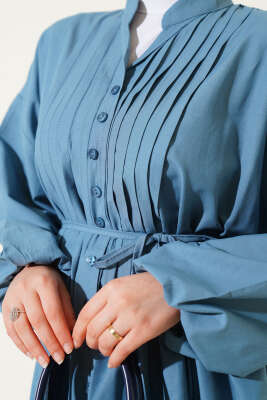 Önü Nervürlü İp Kuşaklı Elbise Mavi - Tesettür Elbise