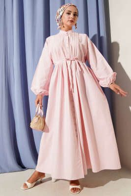 Önü Nervürlü İp Kuşaklı Elbise Pembe - 700-1000 TL Ürünler
