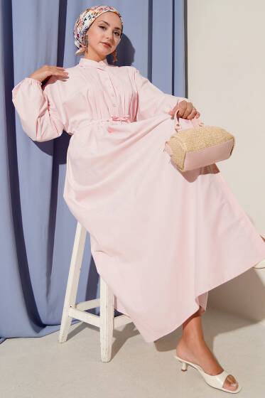 Önü Nervürlü İp Kuşaklı Elbise Pembe - Elbise