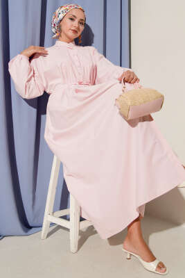 Önü Nervürlü İp Kuşaklı Elbise Pembe 