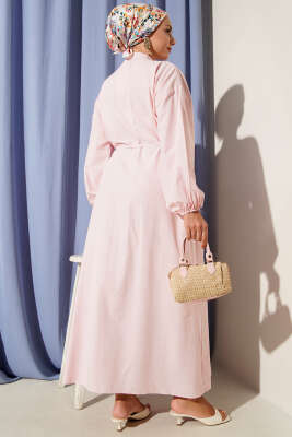 Önü Nervürlü İp Kuşaklı Elbise Pembe - Tesettür Elbise
