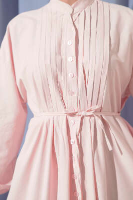 Önü Nervürlü İp Kuşaklı Elbise Pembe - Tesettür Elbise