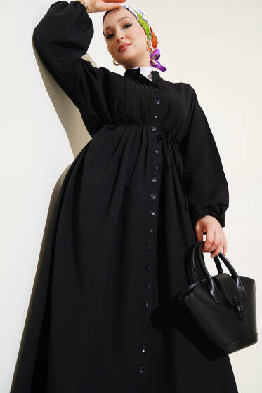 Önü Nervürlü İp Kuşaklı Elbise Siyah - Elbise