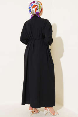 Önü Nervürlü İp Kuşaklı Elbise Siyah - Tesettür Elbise