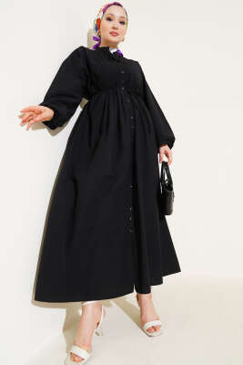 Önü Nervürlü İp Kuşaklı Elbise Siyah - Tesettür Elbise