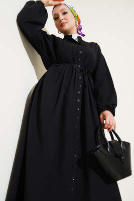 Önü Nervürlü İp Kuşaklı Elbise Siyah 