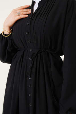 Önü Nervürlü İp Kuşaklı Elbise Siyah - Tesettür Elbise