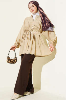 Önü Nervürlü Salaş Tensel Gömlek Bej - Gömlek