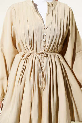 Önü Nervürlü Salaş Tensel Gömlek Bej - Gömlek