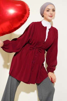 Önü Nervürlü Salaş Tensel Gömlek Bordo - VAV TEKSTİL