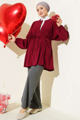 Önü Nervürlü Salaş Tensel Gömlek Bordo - Gömlek