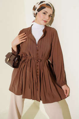 Önü Nervürlü Salaş Tensel Gömlek Kahve - VAV TEKSTİL